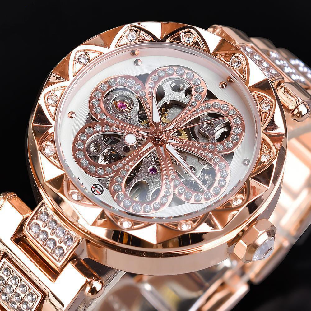 Forsining Mechanical Automatic Ladies Watches Top Brand Luxury Rhinestone Female Wrist Watches Rose Gold Stainless Steel Clock My Store