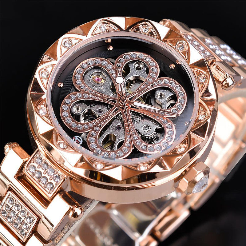 Forsining Mechanical Automatic Ladies Watches Top Brand Luxury Rhinestone Female Wrist Watches Rose Gold Stainless Steel Clock My Store