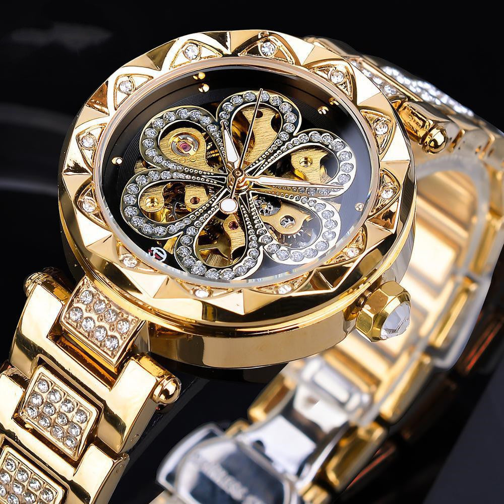 Forsining Mechanical Automatic Ladies Watches Top Brand Luxury Rhinestone Female Wrist Watches Rose Gold Stainless Steel Clock My Store